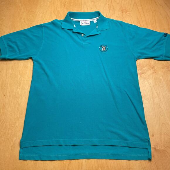 Vintage 1995 US Open Golf Large Solid Blue Short Sleeve 1/4 Button Shirt - Picture 1 of 9